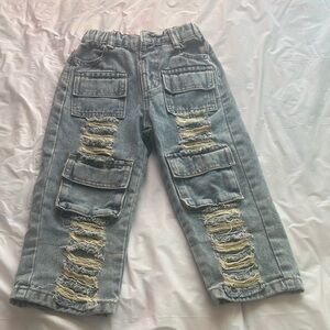 Distressed Light Wash Cargo Denim Pants - Light Blue